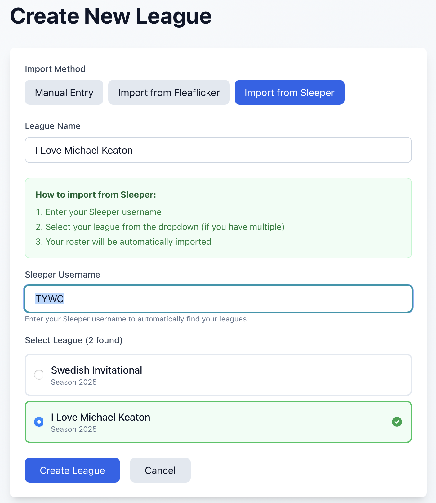 Sleeper import form showing username input and league selection