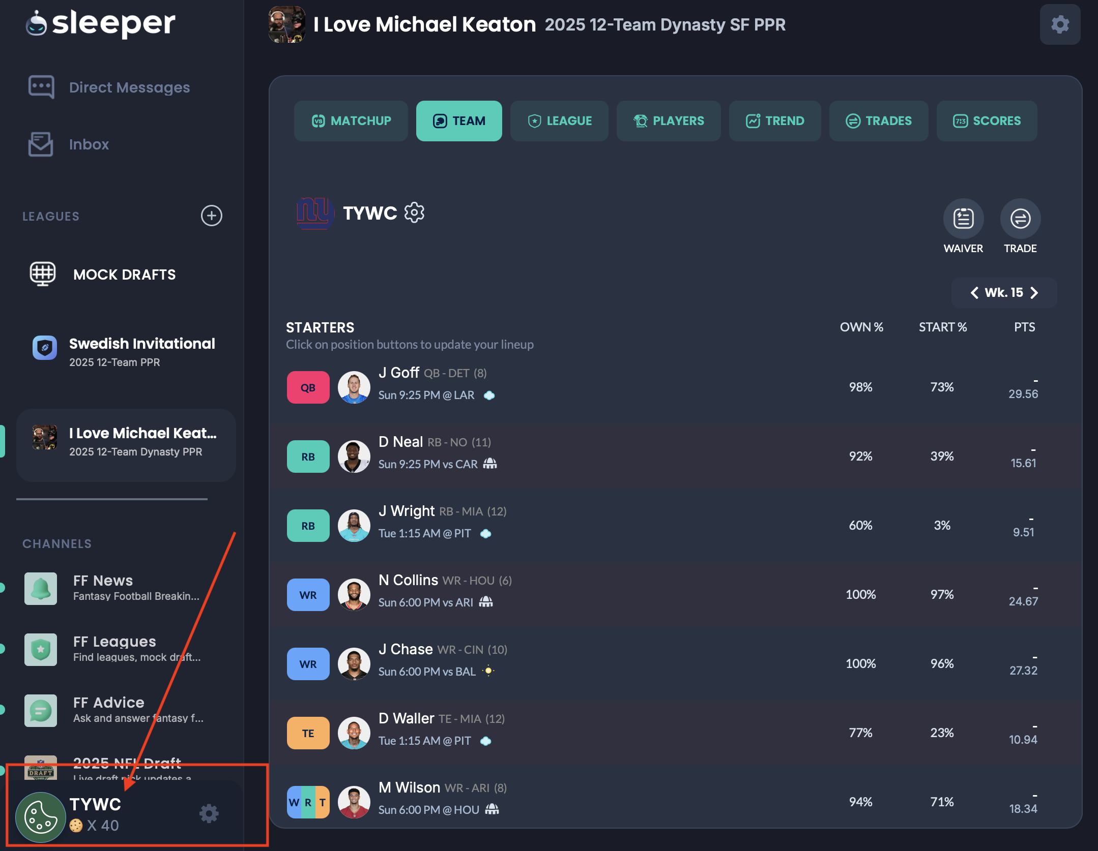 Sleeper sidebar showing username location